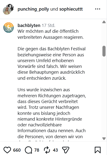 Vorwürfe sexualisierter Gewalt: Bachblyten Festival weist Anschuldigungen zurück
